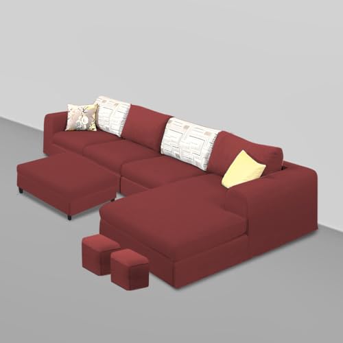 Image of Koza RHS 8 Seater L Shape Sofa Set with Center Table for Living Room (Maroon Fabric) Premium Fabric Sofa