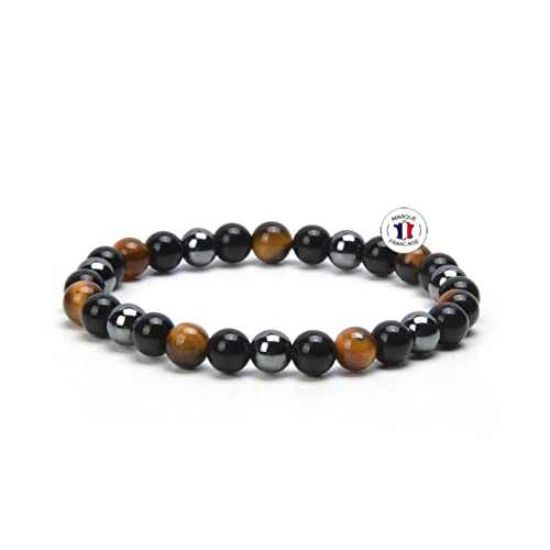 Attraction Zen BRACELET TRIPLE PROTECTION PIERRES NATURELLES | Bracelet Extensible | Oeil de tigre - Obsidienne noire - Hématite (6mm) Cover