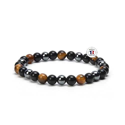 Attraction Zen BRACELET TRIPLE PROTECTION PIERRES NATURELLES | Bracelet Extensible | Œil de tigre - Obsidienne noire - Hématite (TripleProtection 6mm)