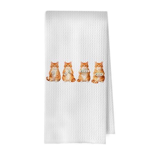 Image of Orange Cats Kitchen Towels - Funny Orange Cat Mahjong Gifts Decorative Waffle Dish Towels, Mahjong Gifts for Women Hand Towel, Gift for Cat Lovers Tea Towel, 16x24 Inch
