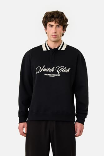Image of SNITCH Men's Sweatshirt | Oversized Fit Pullover with Embroidered Logo & Contrasting Striped Polo Collar | Stylish Polyester Cotton Blend Casual Wear