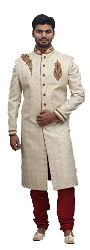raj design studio MENS BEIGE SHERWANI AND MAROON CURIDAR PAJAMA-picture-25