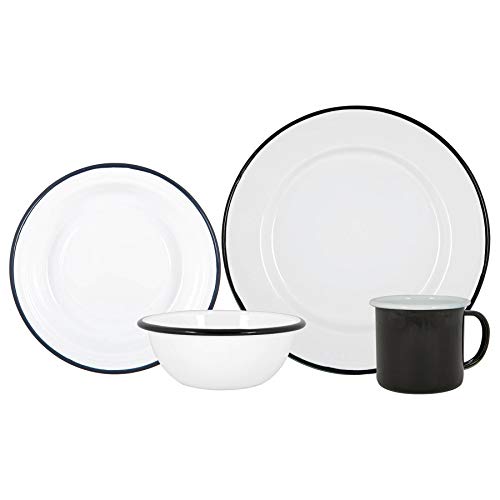 Argon Tableware Conjunto de Cena de Esmalte Blanco de 16 Piezas - Metal al Aire Libre Placas de Camping Tazas Tazas para 4 - Negro