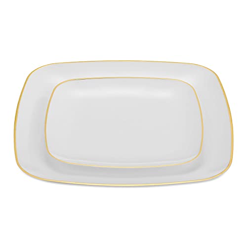 Bloomingoods Plastic Disposable Square Dinner Plates | 50-Pack 10 Inches White With Gold Rim Square Plates | Ideal For Weddings, Parties, & Catering | Heavy Duty & Non Toxic #TOP6