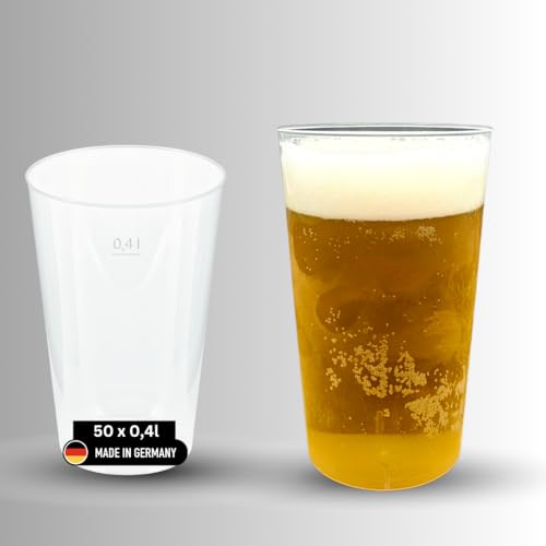 DeinPack Lot de 50 gobelets réutilisables de 400 ml fabriqués en Allemagne - Avec trait de repère - Réutilisables - Transparent en polypropylène - 0,4 l - Gobelets...