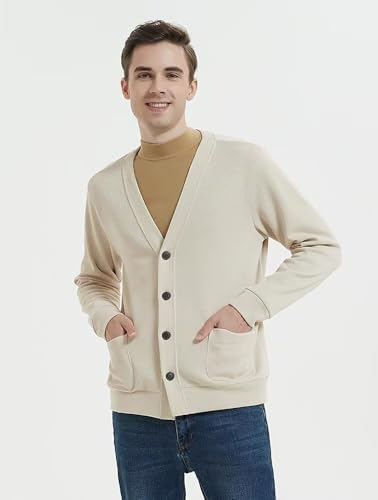 Men's Cotton Cardigan Sweater Long-Sleeve V Neck Buttons Cardigan with Pockets ZXCV112
