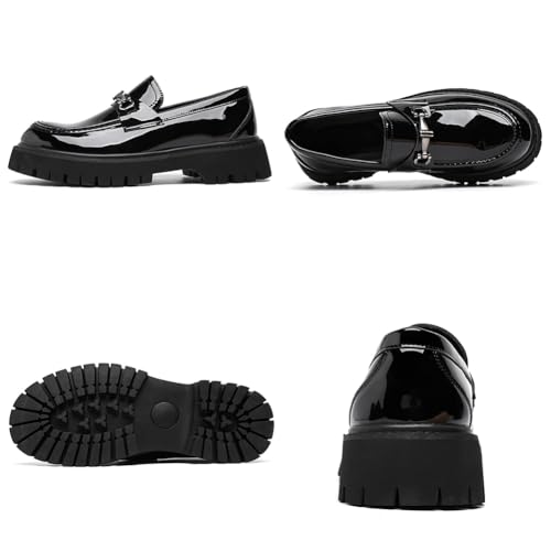 Men's Patent Leather Platform Slip On Loafers, Classic Round Toe with Metal Horsebit Business Casual Formal Work Penny Shoes4