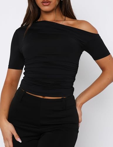 ForeFair Womens Short Sleeve Off Shoulder Tops Going Out Crop Top Slim Fitted Shirts Summer Outfits Y2K Cute Tops2