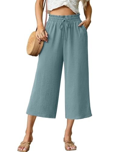 QIXING Damen Sommerhose 3/4 Hose Weites Bein Hoher Bund Leichte Culotte Hose mit Taschen und Kordelzug Luftige 7/8 Stoffhose für Sommer Urlaub Freizeit(C Meeresgrün L)