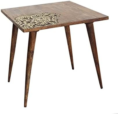 Wood Accent Side Table - Hard Carved Antique Brown Gold Metallic Design Bedside Table - Small Space Bedroom Family Living Room End Table - Kee Bel Collection Easy Assembly - 22" square - COTTON CRAFT