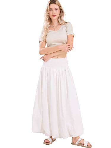 ebossy Women's Smocked High Waist Pleated Solid Color A-Line Flowy Bud Lantern Long Skirt2