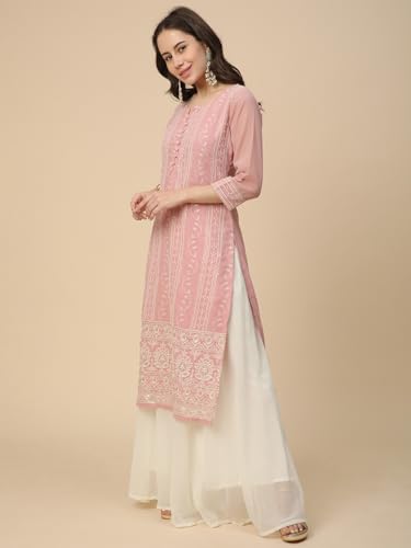 Image of RATAN Women's Georgette Anarkali Lucknowi Chikankari Ethnic Wear Kurta