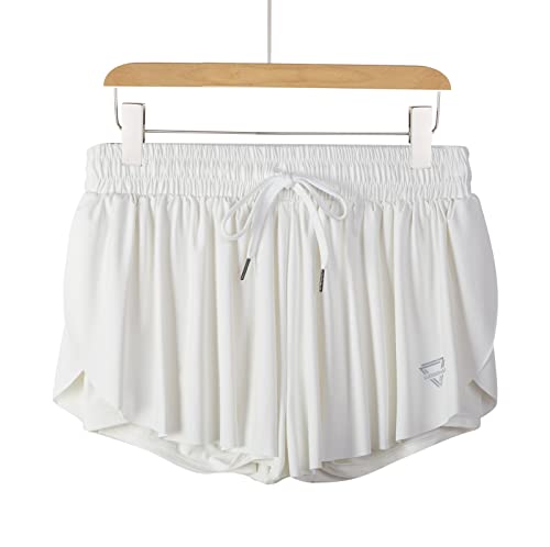 2 in 1 Flowy Shorts for Women Gym Yoga Athletic Workout Running Biker Spandex Comfy Lounge Sweat Butterfly Skirt Summer (L, Cream)