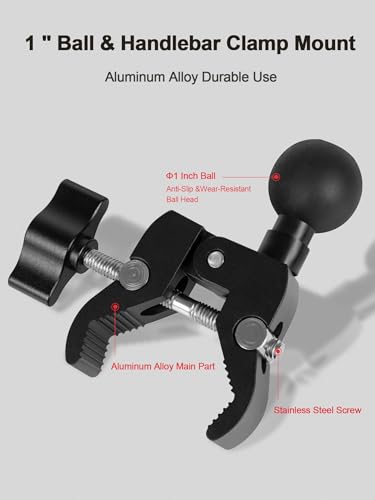 Aluminium Alloy Handlebar Mount Clamp Base with 1" Ball for Rails 0.5" to 2" in Diameter, Versatile Claw Compatible with RAM mounts B Size Double Socket Arm & Bike Motorcycle Phone Holder