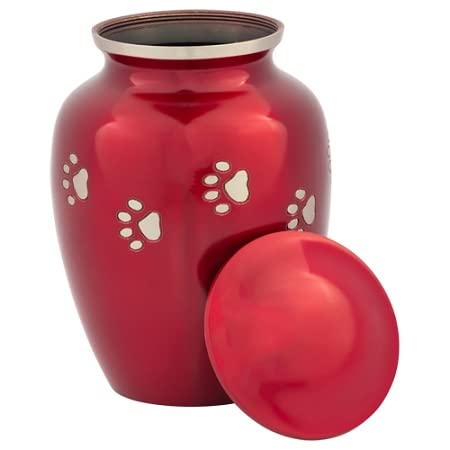 Red with Silver Paw Prints Large Pet Cremation Urn for Ashes, Brass, Red Pet Urn, Dog Urn, Cat Urn, Large Sized Pet Urn, 7 Inches High