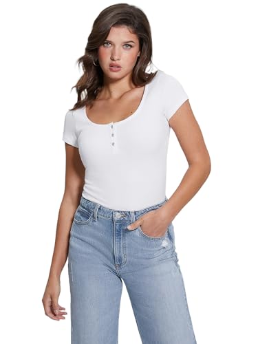 Guess Women's Short Sleeve Karlee Jewel Henley, Pure White, Medium