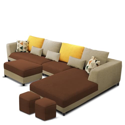 Image of Galib RHS 8 Seater L Shape Sofa Set for Living Room (Cream Brown Fabric) Premium Fabric Sofa