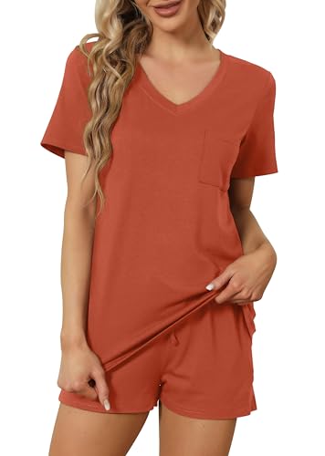 Image of RUBZOOF Women's Short Sleeve Pajama Sets with Pockets Casual V Neck 2 Piece Lounge Sets S-3XL