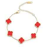 ChenYuTe Women's Four Leaf Clover 18K Gold Plated Lucky Bracelet, White/Black/Red/Blue Four Leaf Flower Adjustable Bracelet Women's Fashion Jewelry Gifts
