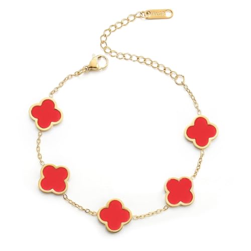 ChenYuTe Women's Four Leaf Clover 18K Gold Plated Lucky Bracelet, White/Black/Red/Blue Four Leaf Flower Adjustable Bracelet Women's Fashion Jewelry Gifts