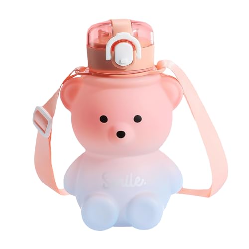 NyxSeat Botella de agua de paja de oso, forma de dibujos animados, Kawaii, con correa para el hombro, adecuada para niños y mujeres