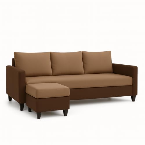 Image of FURNY Canvas Fabric 4 Seater L Shape Sofa Set 3 Seater Modern Sofa Set & Ottoman for Living Room (Dual Brown Color) | Durable Comfort | Modern Design | Ideal for Living Room