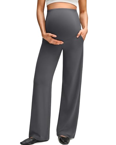 Image of G4Free BareFeel Maternity Pants Over the Belly Pregnancy Trousers for Work | High Waist Coverage,Two Side Pockets,Wide Leg Design,Soft Knit Fabric,for Dress Casual Yoga