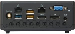 Позади view of ZOTAC ZBOX CI323 Nano Mini PC showing Wi-Fi antenna connector, USB ports, Ethernet ports, HDMI, DisplayPort, VGA, and DC-in.