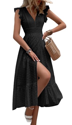 Image of chouyatou Women's Summer Flutter Sleeve Embroidery Eyelet Lace Dress V-Neck A-Line Beach Sun Dress