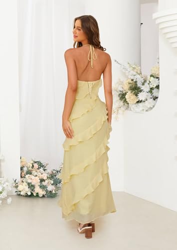 Long Bridesmaid Dresses for Women Spaghetti Straps Ruffle Bodycon Chiffon Formal Evening Dress IK0883