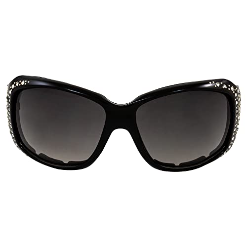 Rodeo Queen Angel Padded Motorcycle Bling Sunglasses for Women Black Frame w/Bling Rhinestones & Smoke Gradient Lens2
