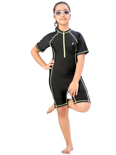 Image of Aarika Girls Sports Wear Black-Green Colour Solid Nylon Swim Suit