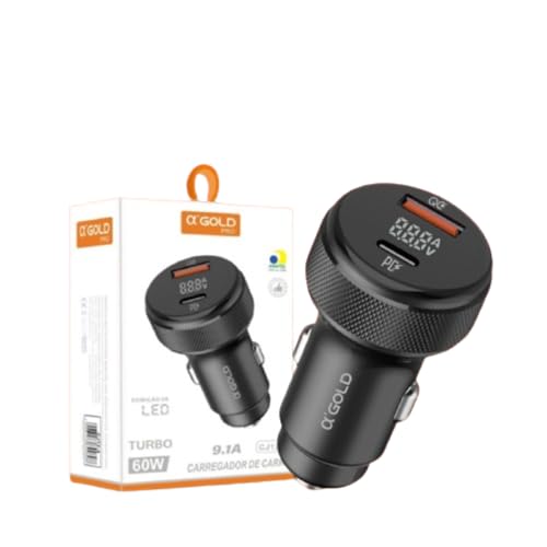 Carregador Veicular Turbo 60w Carregamento Ultrarrápido 9.1A entrada USB 3.0+Tipo C com LED PD+QC4.0