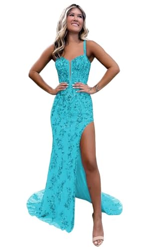 Image of Floral Sequin Prom Dresses Tulle 2026 Mermaid Long Corset Formal Evening Gowns with Slit