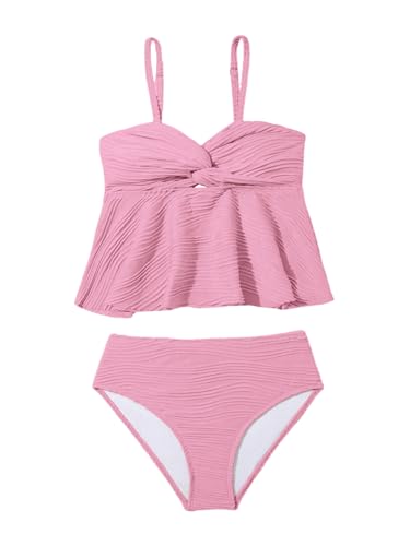 Image of OYOANGLE Girl's 2 Piece Tankini Swimsuit Textured Twist Front Ruched Ruffle Bikini Set Bathing Suits