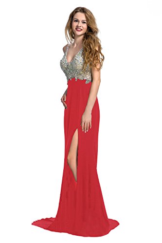 Manfei Women's 2020 V-Neck Crystal Beaded Mermaid Long Prom Dress Slit Side (16, Red)