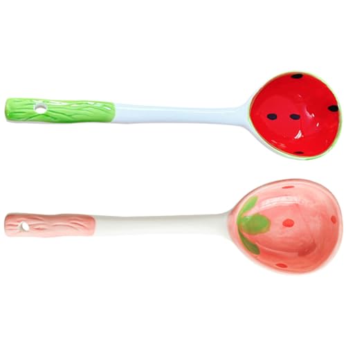 STOBAZA 2-Piece Ceramic Dessert Spoons, 6.49-Inch Fruit Pattern with Hook
