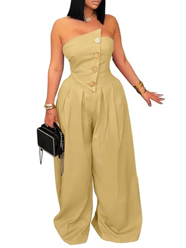 KANSOON Jumpsuits for Women Strapless Tube Top Wide Leg Long Pants Buttons Sexy One Piece Dressy Outfits Khaki M