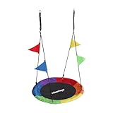 Relaxdays Nestschaukel, runde Hängeschaukel, mit Wimpeln, Kinder, verstellbar, Outdoor, Ø: 100 cm, bis 100 kg, bunt