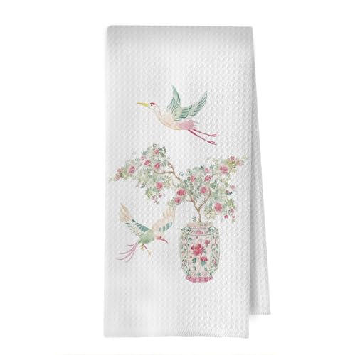 Image of Chinoiserie Grandmillennial Kitchen Decor - Preppy Peony Chinoiserie Decorative Waffle Dish Towels for Kitchen, Floral Grandmillennial Hand Towel, Vintage Porcelain Tea Towel, 16x24 Inches