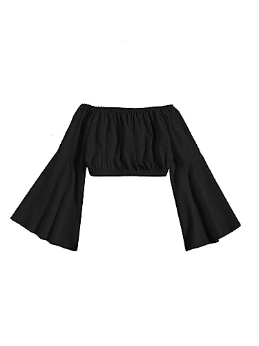 Floerns Girls Off The Shoulder Flounce Long Sleeve Ruched Blouse Crop Tops