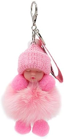 surell Genuine Fox Fur Baby Keychain - Pom-Pom Bag Purse Charm - Silver Ring Fluffy Fur Ball - Fashion Gift (Pink)