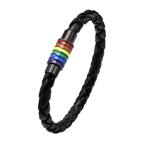 Nanafast Rainbow LGBT Pride Bracelet Handmade Braided PU Leather Stainless Steel Enamel Weave LGBTQ Pride Bracelet for Gay Lesbian Jewelry-Black 7.48"