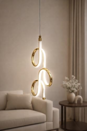 Image of Modern Curved Shape Gold Finish Energy Saving Led Pendant Hanging with 3 Different Color Mode (Warm White, Cool White, Neutral White) for Bedroom, Living Room, Restaurants, Dining, Home