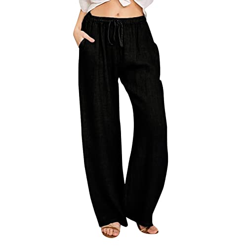Womenyiaor Women's Cotton Linen Pants, Summer Wide Leg Casual Loose Drawstring Palazzo Pants Flowy Beach Pants