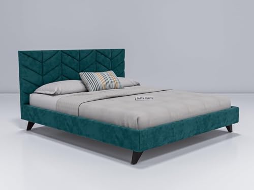 Image of Craft Modern Upholstered King Size Bed for Bedroom | Wooden Double Bed | Platform Cot Bed with Upholstery Premium Fabric | 6.5 x 6 Ft | Sheesham Wood Turquoise, Brown
