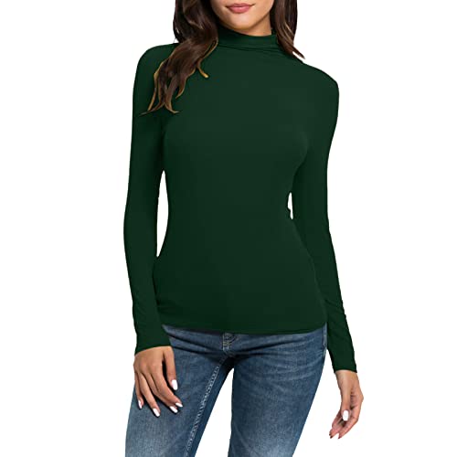 Generisch Jersey de cuello alto para mujer, camiseta básica de manga larga, elástica, cuello alto, monocolor, cuello alto, camiseta elástica, clásica, corte ajustado, parte superior, verde, XL