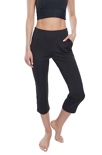 CLARANY Comfortable Athleisure Capri Pants with Pockets Travel Yoga Gym Lounge wear Color Black,Bi-Stretch, Made in USA (as1, Alpha, l, Regular, Regular)