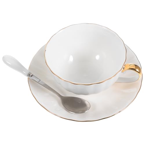 OHPHCALL Lot de 6 Tasses à Café en Porcelaine Blanche Liseré Doré, Soucoupes Incluses, Usage Quotidien Bureau la Maison
