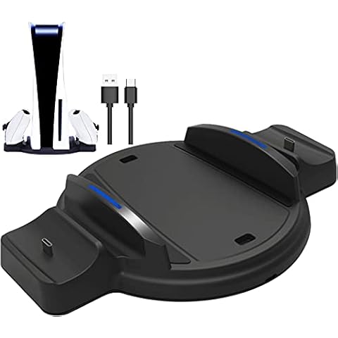 PS5 Stand, PS5 Vertical Stand for PS5 Console Disc & Digital Edition, Dualsense Charging Station Dock for Sony Dual PS5 Controllers Witch LED Indicator and USB Type C Charger Cord - Black Cover